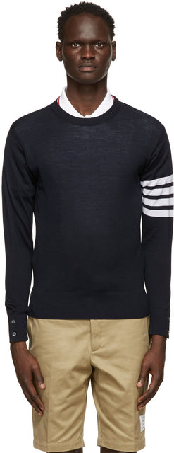 Thom Browne Navy Merino 4-Bar Sweater - Thom Browne Navy Merino Sweater 4 bar - Thom Browne Navy Merino 4-Bar 스웨터