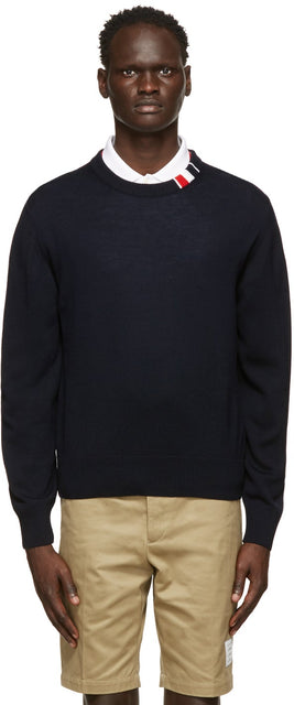 Thom Browne Navy Merino RWB Tab Relaxed-Fit Sweater - Thom Browne Navy Merino RWB Tab. - Thom Browne Navy Merino RWB 탭 편안한 스웨터