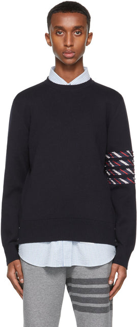 Thom Browne Navy Milano 4-Bar Stripe Crewneck Sweater - Thom Browne Navy Milano 4-Bar Stripe Crewneck Pull - Thom Browne Navy Milano 4 - 바 스트 라이프 크루 넥 스웨터