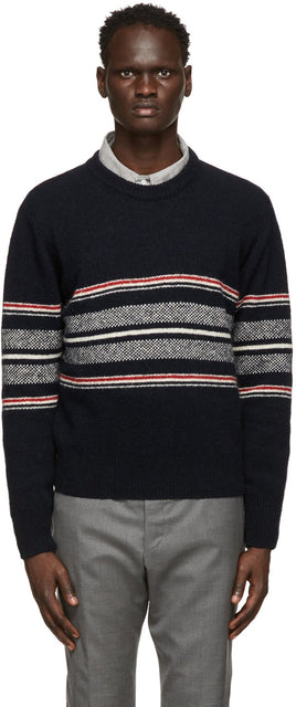 Thom Browne Navy Mohair Cricket Stripe Sweater - Thom Browne Navy Mohair Cricket Stripe Sweater - Thom Browne Navy Mohair 크리켓 스트라이프 스웨터