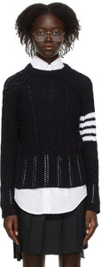 Thom Browne Navy Raglan Sleeve 4-Bar Sweater - Thom Browne Navy Raglan Sleeve Sweater 4 bar - Thom Browne Navy Raglan 슬리브 4 - 바 스웨터
