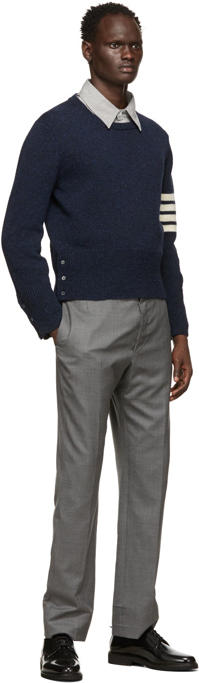 Thom Browne Navy Shetland 4-Bar Crewneck Sweater