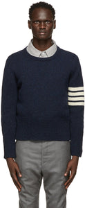 Thom Browne Navy Shetland 4-Bar Crewneck Sweater - Thom Browne Browne Shetland 4-Bar Crewneck Pull - Thom Browne Navy Shetland 4-Bar Crewneck 스웨터