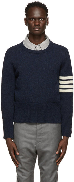 Thom Browne Navy Shetland 4-Bar Crewneck Sweater - Thom Browne Browne Shetland 4-Bar Crewneck Pull - Thom Browne Navy Shetland 4-Bar Crewneck 스웨터
