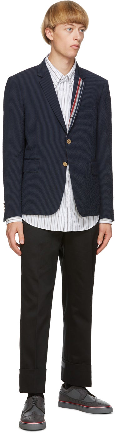 Thom Browne Navy Wool Seersucker Blazer