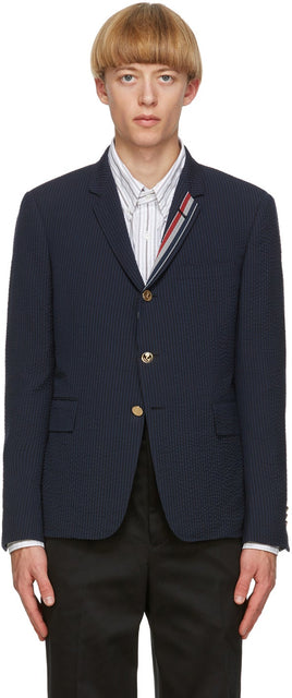 Thom Browne Navy Wool Seersucker Blazer - Thom Browne Laine de laine marine Seersucker Blazer - Thom Browne Navy Wool Seersucker Blazer.