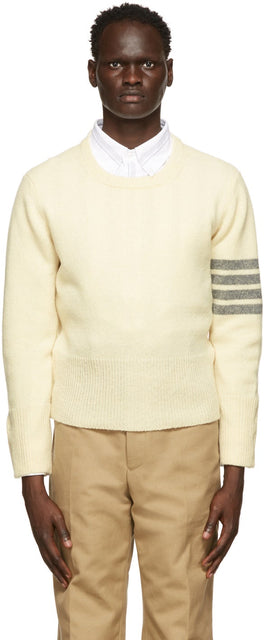 Thom Browne Off-White Shetland 4-Bar Crewneck Sweater - Thom Browne Swewneck Swewneck à 4 barre de Shetland - Thom Browne Off-White Shetland 4-Bar Crewneck 스웨터