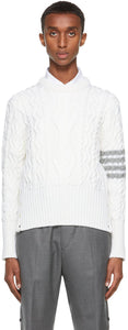 Thom Browne White Aran Cable 4-Bar Sweater - Thom Browne Blanc Cable Aran Pull 4 bar - Thom Browne 화이트 아란 케이블 4 바 스웨터