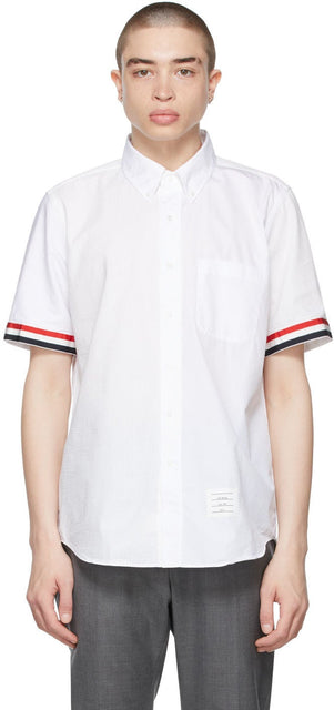Thom Browne White Seersucker Funmix Short Sleeve Shirt - Thom Browne White Sersersucker Funmix Shirt à manches courtes - Thom Browne White Seersucker Funmix 짧은 소매 셔츠