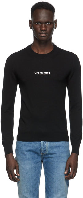 VETEMENTS Black Merino Logo Crewneck Sweater - Vitements Black Merino Logo Crewneck Pull - vetements 블랙 메리노 로고 Crewneck 스웨터
