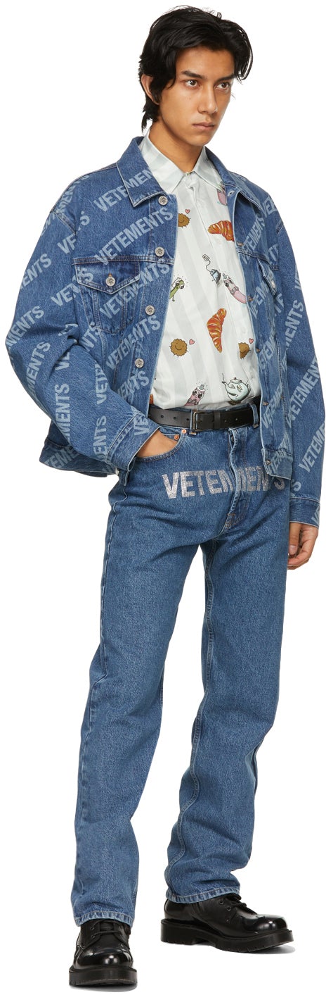 VETEMENTS Blue Denim Allover Logo Jacket