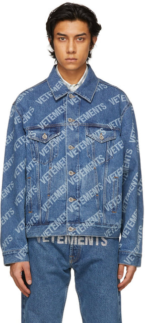 VETEMENTS Blue Denim Allover Logo Jacket - Véticiation Blue Denim Allerver Logo Veste - Vetements 블루 데님 allover 로고 자켓