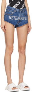 VETEMENTS Blue Denim Crystal Logo Hot Shorts