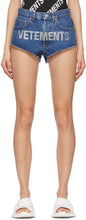 VETEMENTS Blue Denim Crystal Logo Hot Shorts - Vetements Blue Denim Crystal Logo Short chaud - Vetements 블루 데님 크리스탈 로고 뜨거운 반바지