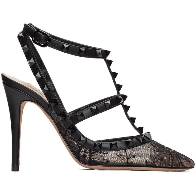 Valentino Black Valentino Garavani Lace Rockstud Caged Heels - Valentino Black Valentino Garavani Dentelle Rockstud Caged Talons - Valentino Black Valentino Garavani 레이스 록 스튜디오 탁월한 발 뒤꿈치