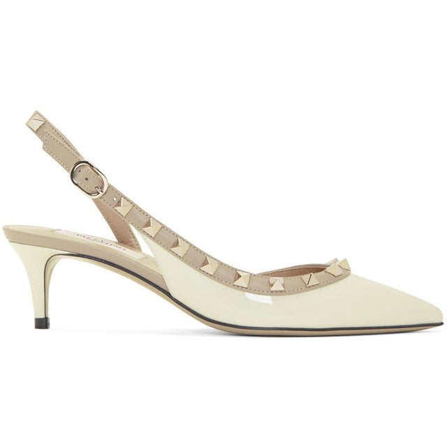 Valentino Off-White Valentino Garavani Rockstud Slingback Pumps - Valentino Off-White Valentino Garavani Rockstud Slingback Pompes - Valentino Off-White Valentino Garavani Rockstud 슬링 백 펌프