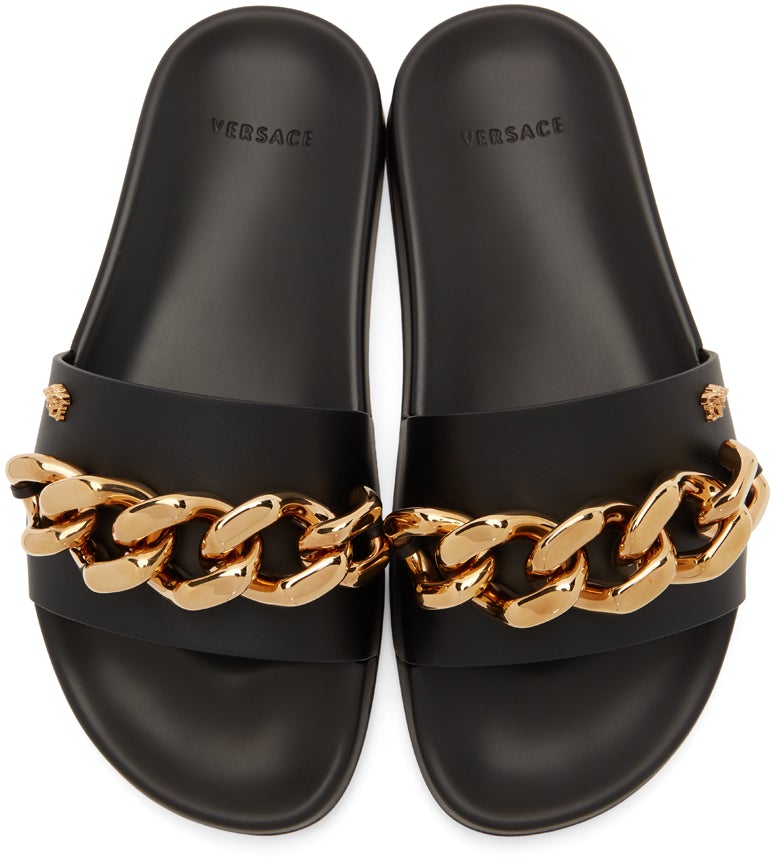 Versace Black Leather Medusa Chain Pool Slides