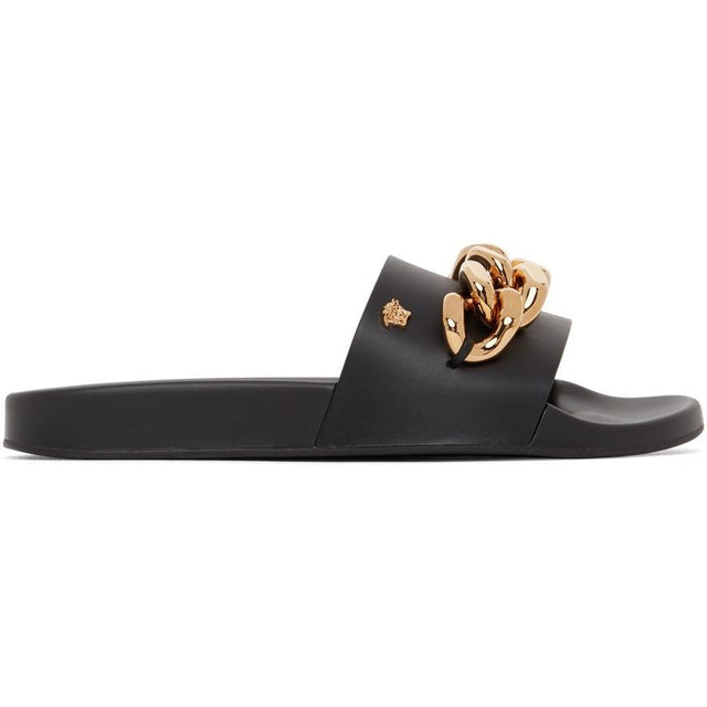 Versace Black Leather Medusa Chain Sandals - Versace Sandales de chaîne Medusa en cuir noir - 베르사체 블랙 가죽 메두사 체인 샌들