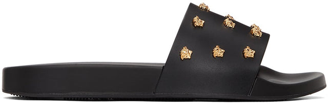 Versace Black Leather Medusa Stud Slides - Diapositives de goujon de Medusa en cuir Versace Noir - 베르사체 블랙 가죽 메두사 스터드 슬라이드