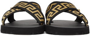 Versace Black Nastro Greca Cross Strap Sandals