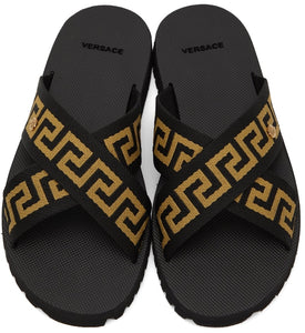 Versace Black Nastro Greca Cross Strap Sandals