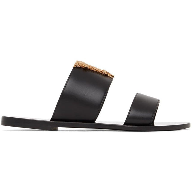 Versace Black Virtus Flat Sandals - Versace Noir Virtus Sandales plates - 베르사체 블랙 virtus 플랫 샌들