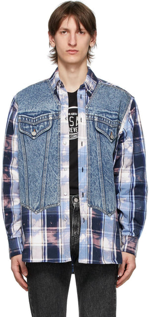 Versace Blue Tartan Denim Vest Shirt - Chemise de veste en denim Tartan Versace Blue - 베르사체 블루 타탄 데님 조끼 셔츠