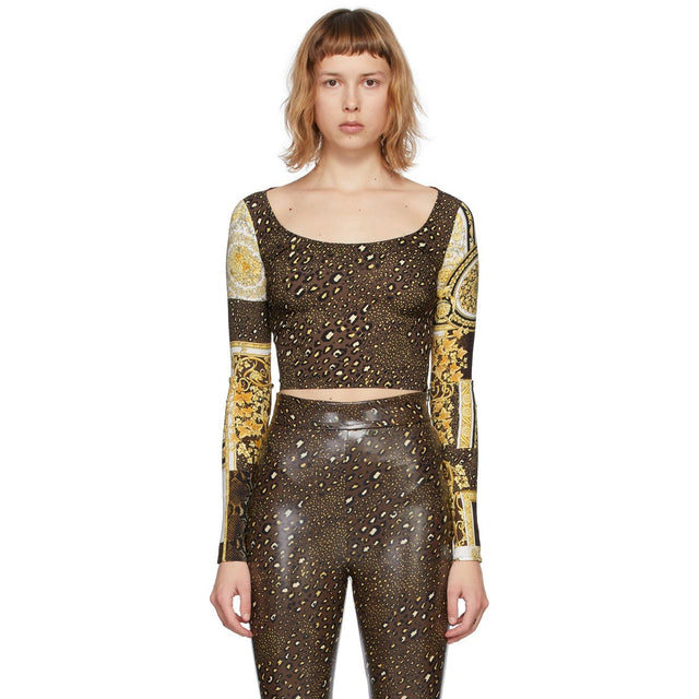 Versace Brown Barocco Patchwork Long Sleeve T-Shirt - T-shirt à manches longues Patchwork Versace Brown Barocco - 베르사체 브라운 브로코 패치 워크 긴 소매 티셔츠