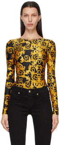 Versace Jeans Couture Black Baroque Long Sleeve Bodysuit - Versace Jeans Couture Basse à manches longues Baroque Baroque Noir - 베르사체 청바지 Couture 검은 바로크 긴 소매 바디 수트