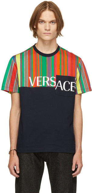 Versace Navy GV Pinstripe T-Shirt - Versace Navy GV Pinstripe T-shirt - 베르사체 네이비 GV 핀 스트라이프 티셔츠