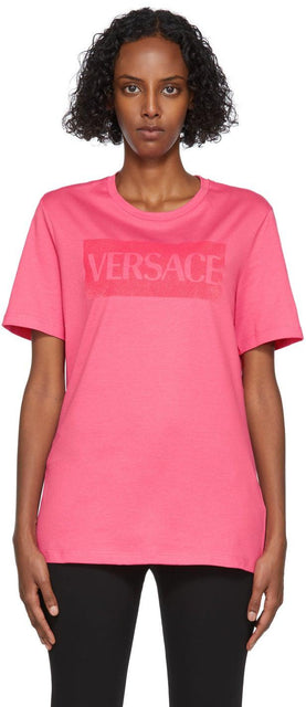 Versace Pink Flocked Logo T-Shirt - T-shirt logo floqué Versace rose - 베르사체 핑크 몰려가는 로고 티셔츠