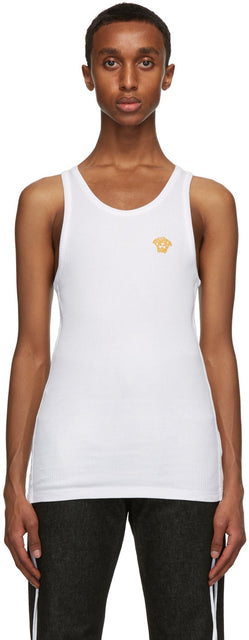 Versace White Embroidered Medusa Tank Top - Versace White Brodé Medusa Débardeur - 베르사체 화이트 자수 메두사 탱크 탑