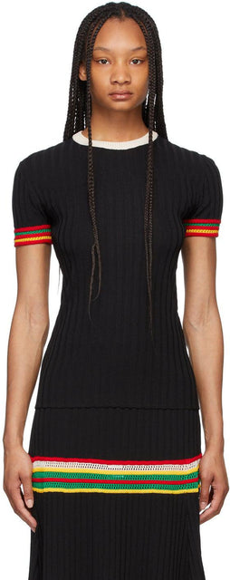 Wales Bonner Black Saint Ann Ribbed T-Shirt - T-shirts de Bonner Bonner Black Saint Ann - 웨일즈 보너 블랙 Saint Ann ribbed 티셔츠