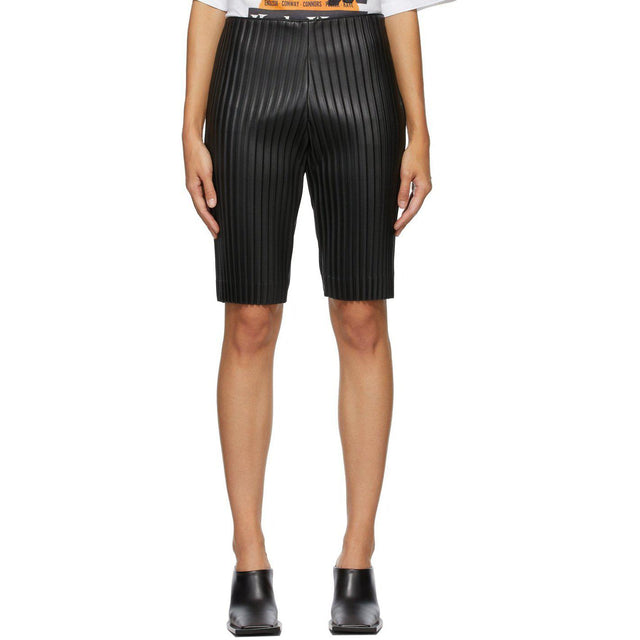 We11done Black Faux-Leather Pleated Shorts