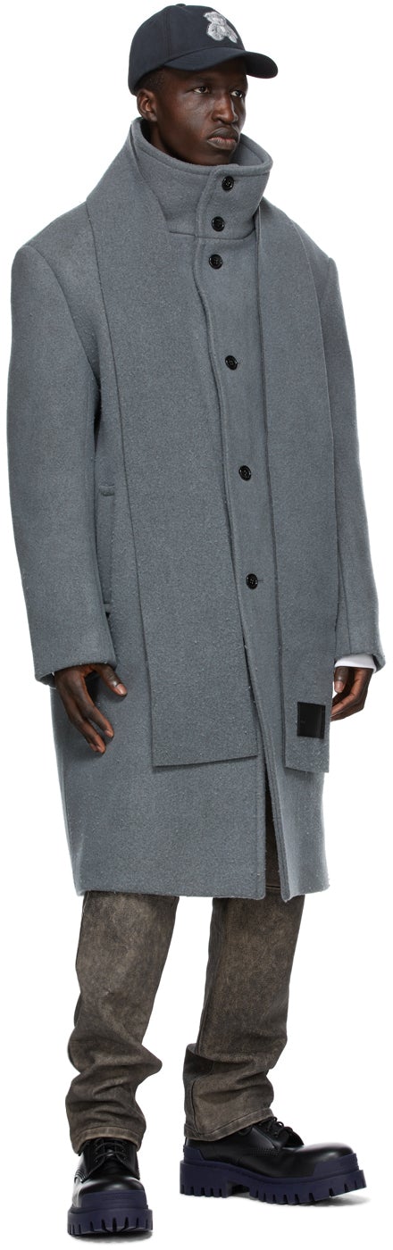We11done Grey Wool Collarless Scarf Coat