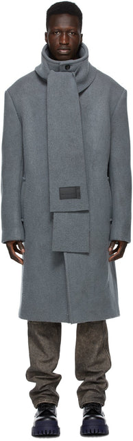 We11done Grey Wool Collarless Scarf Coat - Manteau de foulard sans col en laine gris we11done - We11Done 회색 양모 칼라리스 스카프 코트