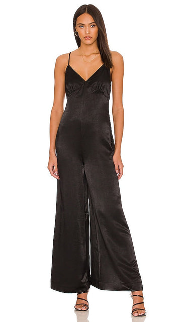 WeWoreWhat Slip Wide Leg Jumpsuit in Black Nous avons what whip large jambe à saut en noir Wewore穿着黑色的宽腿连身裤
