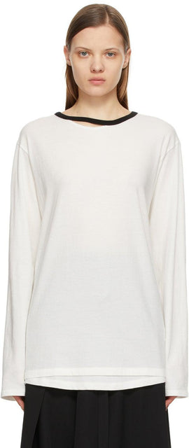 Yohji Yamamoto White Contrast Long Sleeve T-Shirt - Yohji Yamamoto T-shirt à manches longues de contraste blanc - Yohji 야마모토 화이트 콘트라스트 긴 소매 티셔츠