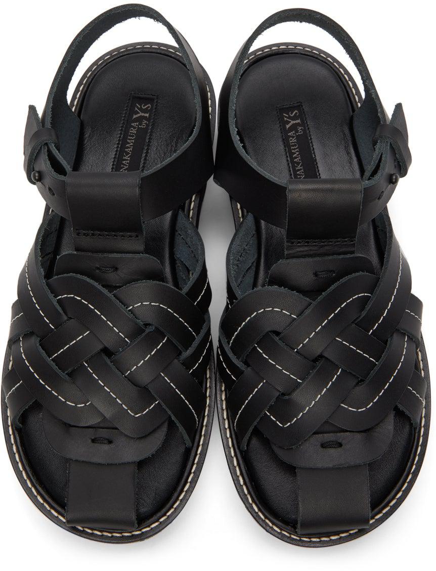 Y's Black Leather Knitted Sandals