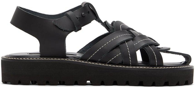Y's Black Leather Knitted Sandals - Sandales tricotées en cuir noir - Y의 검은 가죽 니트 샌들