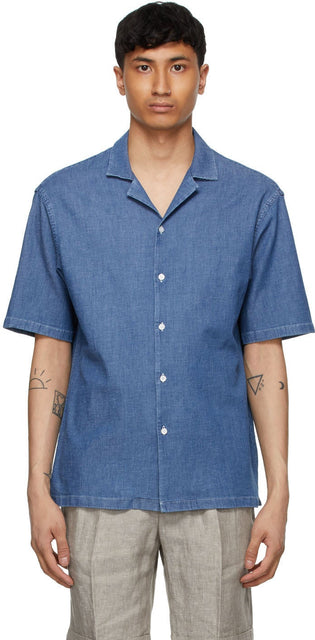 Z Zegna Blue Denim Short Sleeve Shirt - Z Zegna Bleu Denim Chemise à manches courtes - Z Zegna 블루 데님 반팔 셔츠