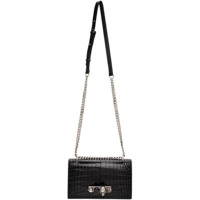 Alexander McQueen Black Croc Jewelled Satchel Bag