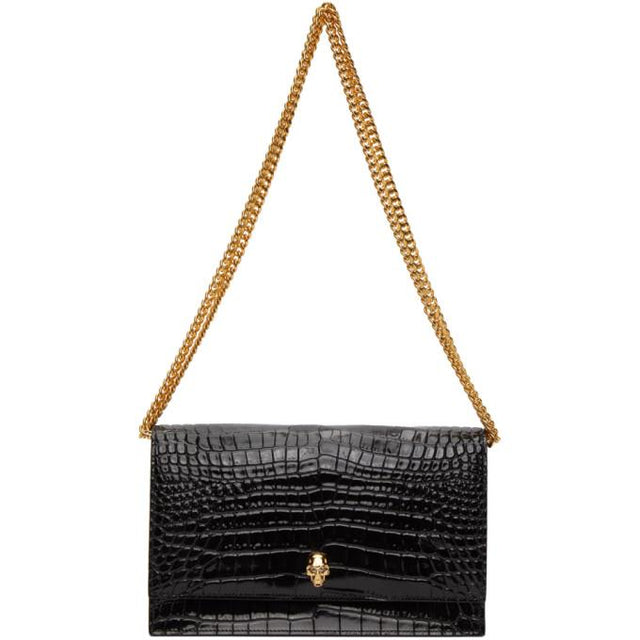 Alexander McQueen Black Croc Medium Skull Bag