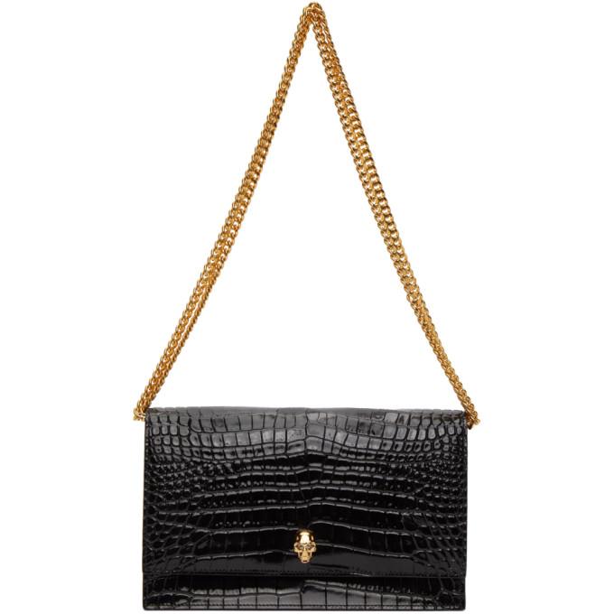 Alexander McQueen Black Croc Medium Skull Bag