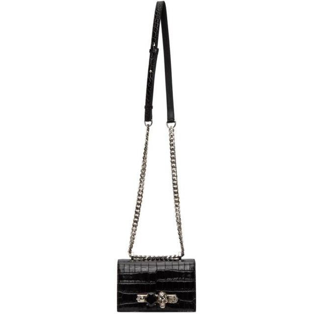 Alexander McQueen Black Croc Mini Jewelled Satchel Bag