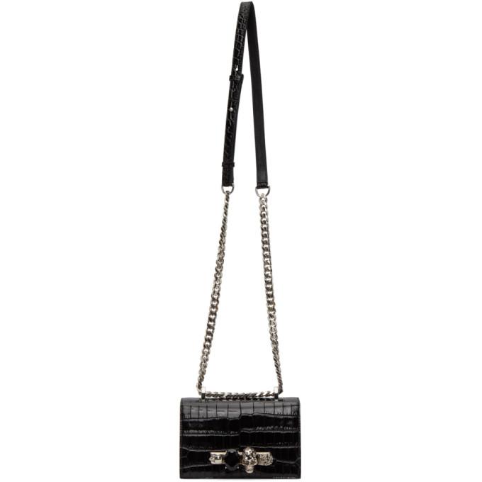Alexander McQueen Black Croc Mini Jewelled Satchel Bag