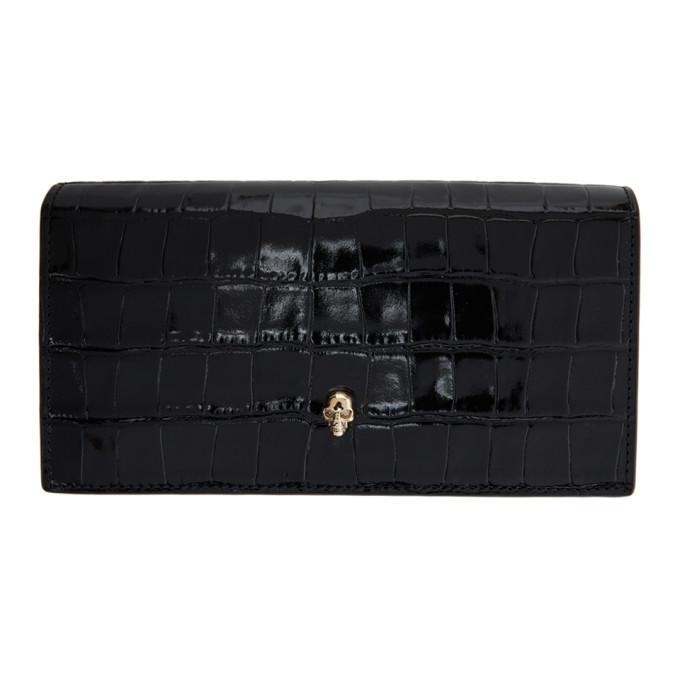 Alexander McQueen Black Croc Skull Chain Wallet Bag