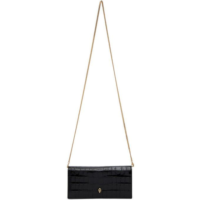 Alexander McQueen Black Croc Skull Chain Wallet Bag