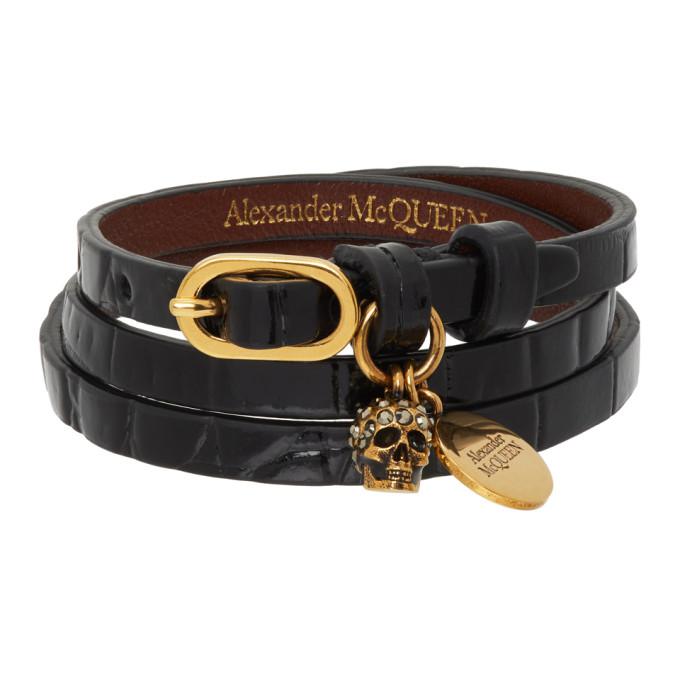 Alexander McQueen Black Croc Skull Multi Wrap Bracelet