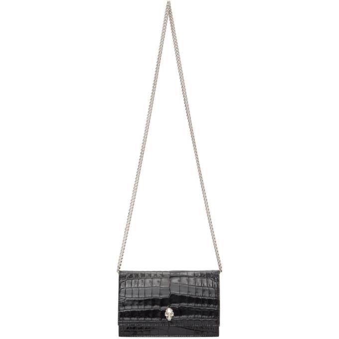 Alexander McQueen Black Croc Small Skull Bag